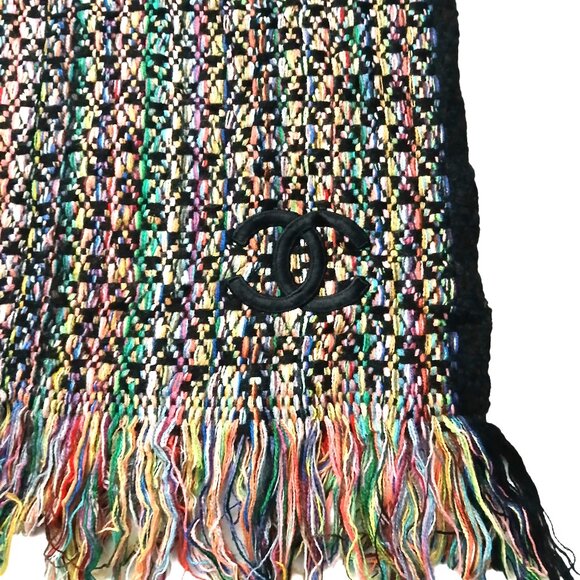 CHANEL Vintage Luxury Black Multi-Color Woven Fringed Cashmere Shawl Wrap Scarf - Picture 8 of 16